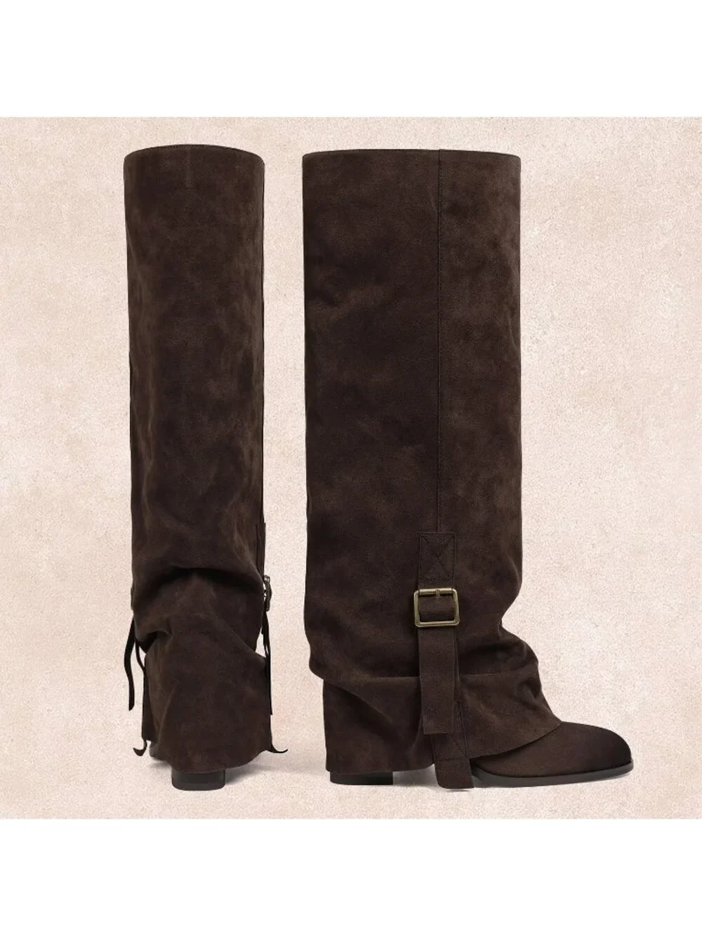 Women's Chocolate Round Toe Chunky Heel Faux Leather Slouch Knee High Boots